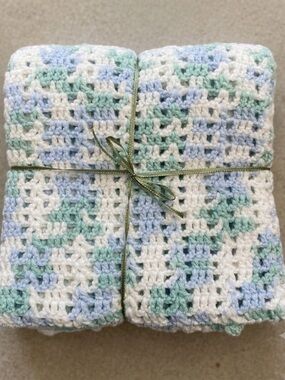 Handmade Crocheted Baby Blanket Afghan Mint Green Blue White